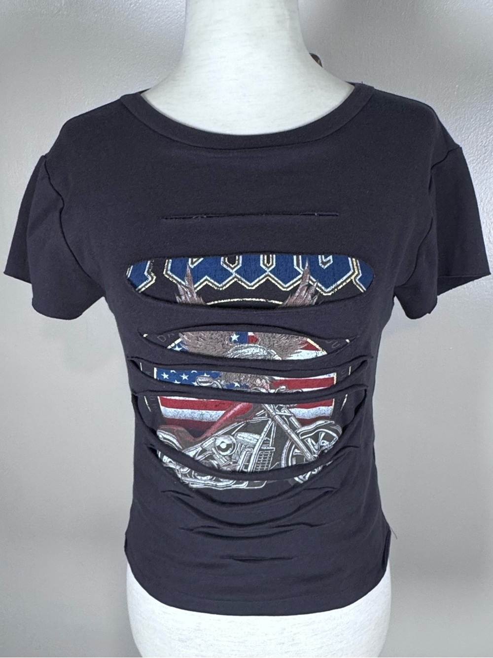 Vinyl Icons Y2K Distressed Slashed Sturgis SD Motorcycle  Baby Tee Crop Top Sz S